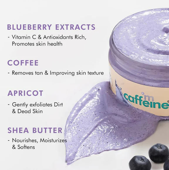 mCaffeine Blueberry Breeze Body Scrub, Exfoliates, Removes Tan, Fruity Blueberry Aroma - 175 gm