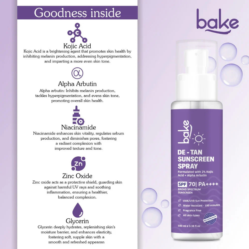 Bake De-tan Waterproof Sunscreen Spray SPF 70 PA+++ with 2% Kojic Acid - 100 ml