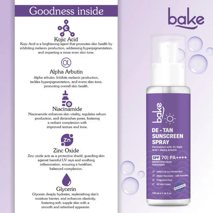 Bake De-tan Waterproof Sunscreen Spray SPF 70 PA+++ with 2% Kojic Acid - 100 ml