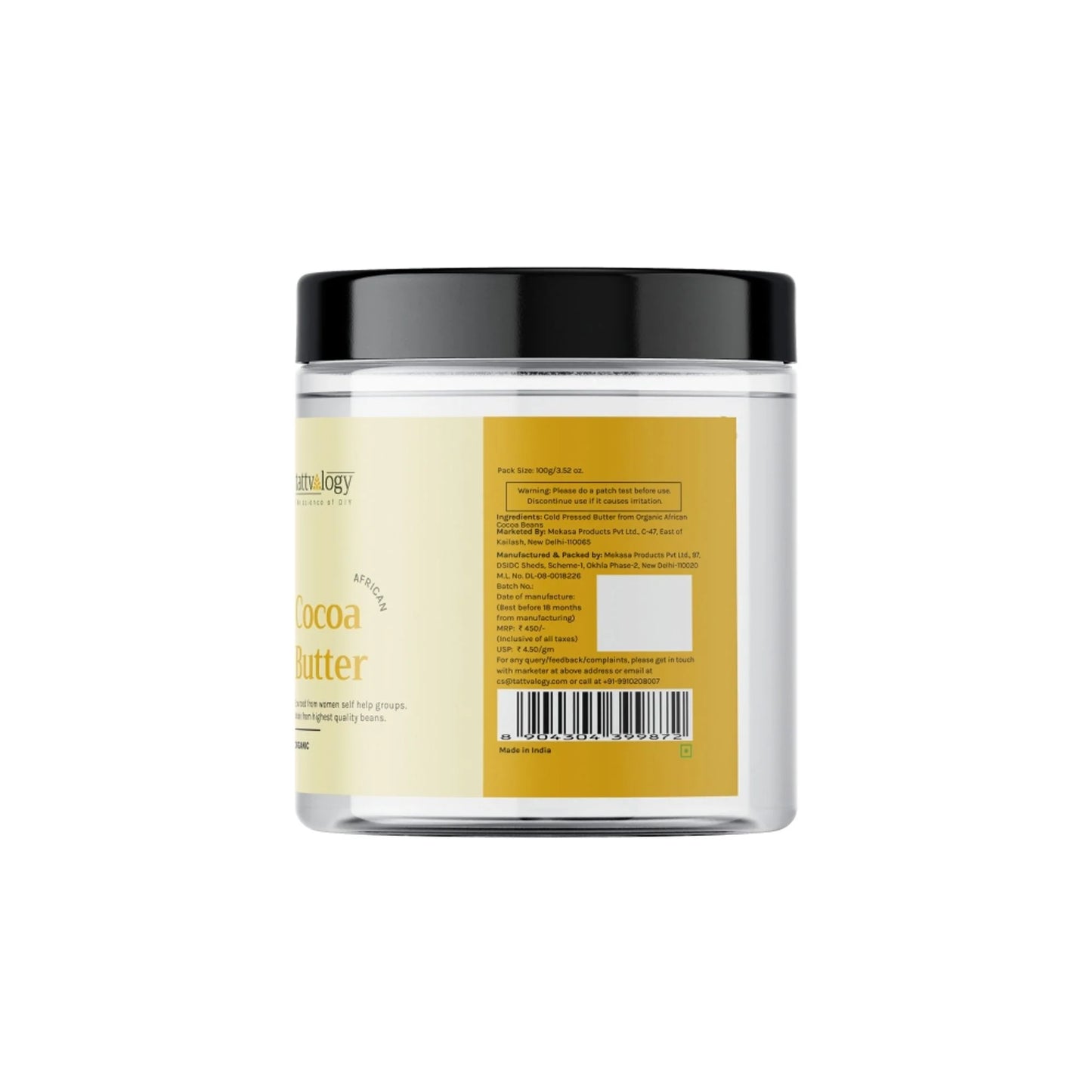 Tattvalogy African Cocoa Butter in Jar Packaging, Raw Unrefined, Body Butter & Moisturizer - 100 gm