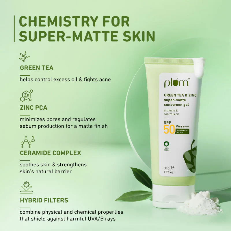 Plum Green Tea & Zinc Super-Matte Sunscreen Gel SPF 50 PA ++++ - 50 gm