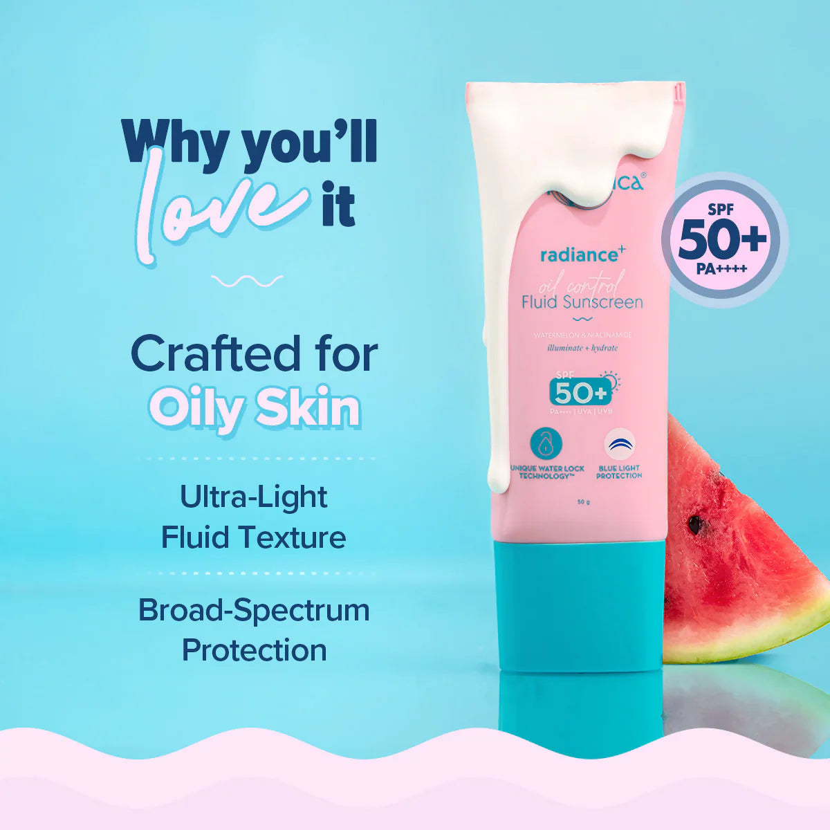 Aqualogica Radiance+ Oil Control Fluid Sunscreen SPF50+ PA++++ - 50 gm
