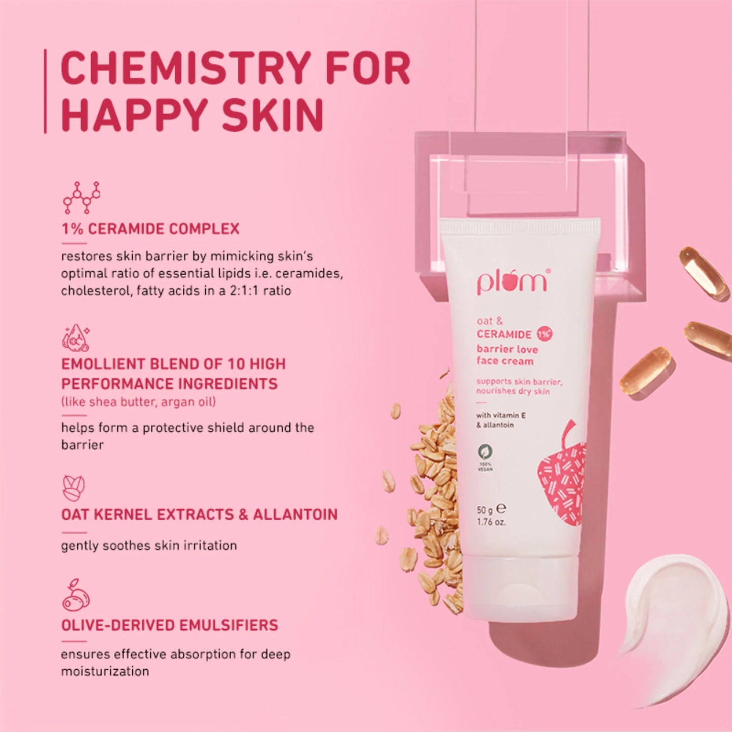 Plum 1% Ceramide Face Cream With Oat, Strengthens Skin Barrier & Nourishes - 50 gm