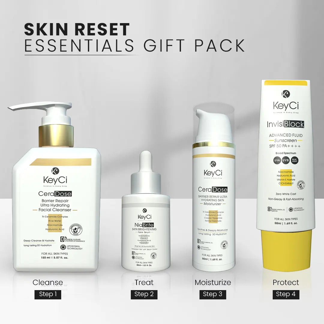 KeyCi Skin Reset Essentials Gift Pack | Cleanser 150ml + Serum 30ml + Moisturizer 50ml + Sunscreen 50ml | Pack of 4