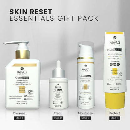 KeyCi Skin Reset Essentials Gift Pack | Cleanser 150ml + Serum 30ml + Moisturizer 50ml + Sunscreen 50ml | Pack of 4