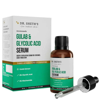 Dr. Sheth's Gulab & Glycolic Acid Face Serum with 5% Niacinamide, Skin Texture & Uneven Skin, For Normal to Oily Skin