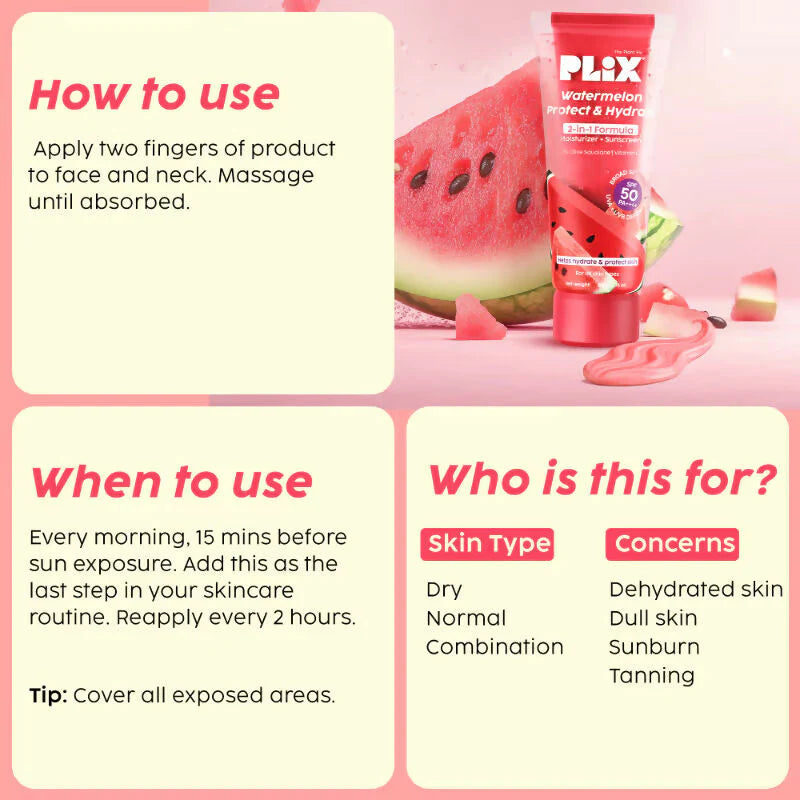 Plix Watermelon SPF PA++++ 50 Protect & Hydrate 2 In 1 Moisturizer + Sunscreen - 50 gm