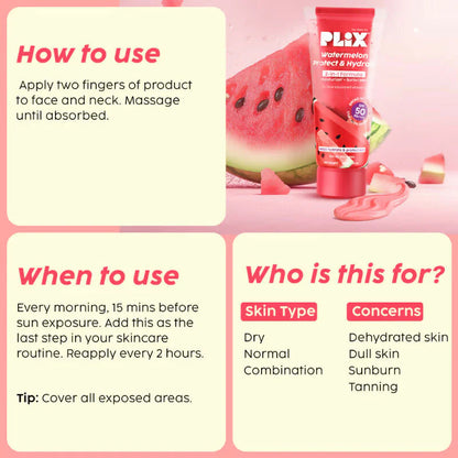 Plix Watermelon SPF PA++++ 50 Protect & Hydrate 2 In 1 Moisturizer + Sunscreen - 50 gm
