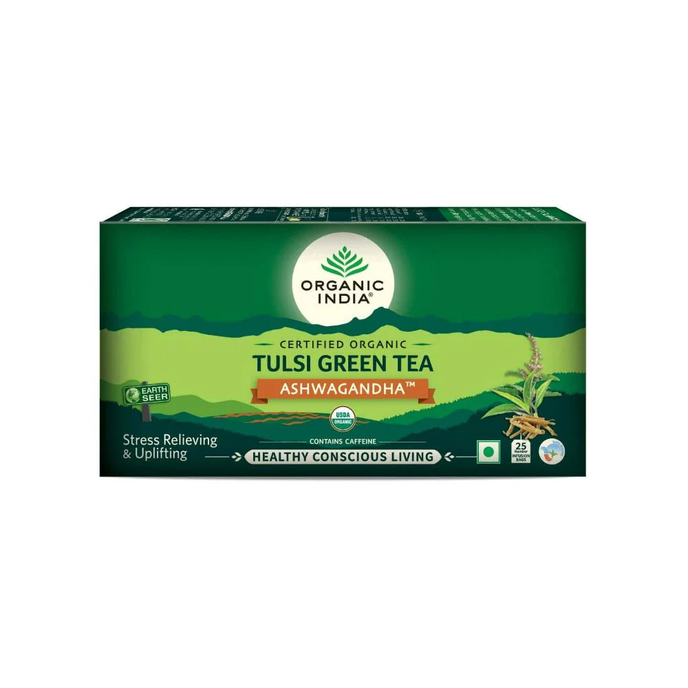 Organic India Tulsi Green Tea Ashwagandha - Herbal Sleep Tea, Caffine Free