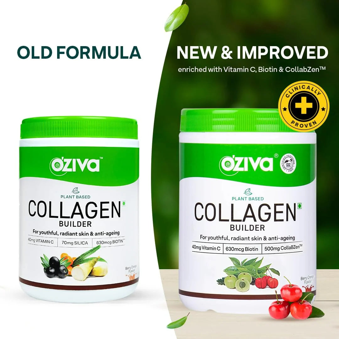 OZiva Vegan Collagen Builder with Biotin & Vitamin C For Brighter & Youthful Skin | Collagen Supplement For Women & Men | Plant Based Collagen Powder -200 gm - Berry Orange