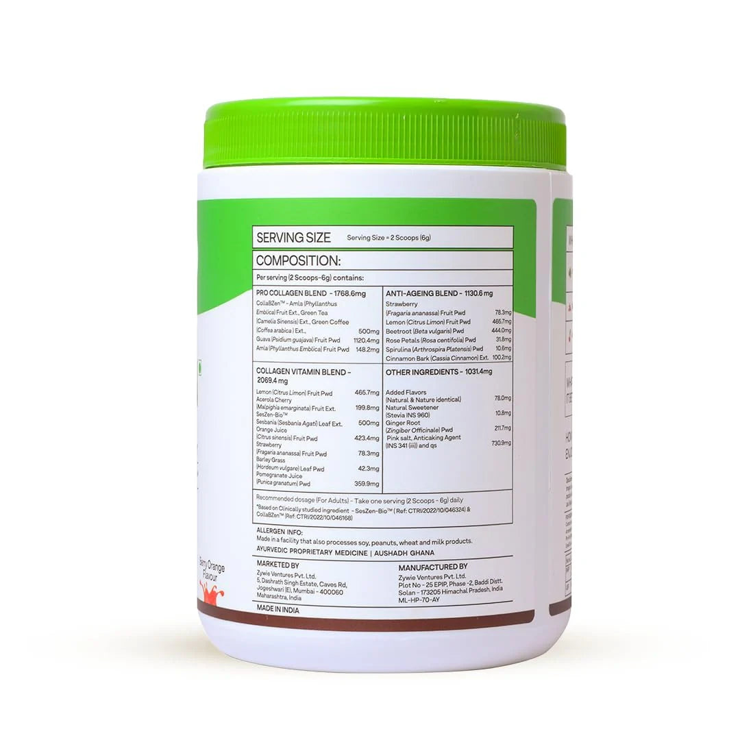 OZiva Vegan Collagen Builder with Biotin & Vitamin C For Brighter & Youthful Skin | Collagen Supplement For Women & Men | Plant Based Collagen Powder -200 gm - Berry Orange