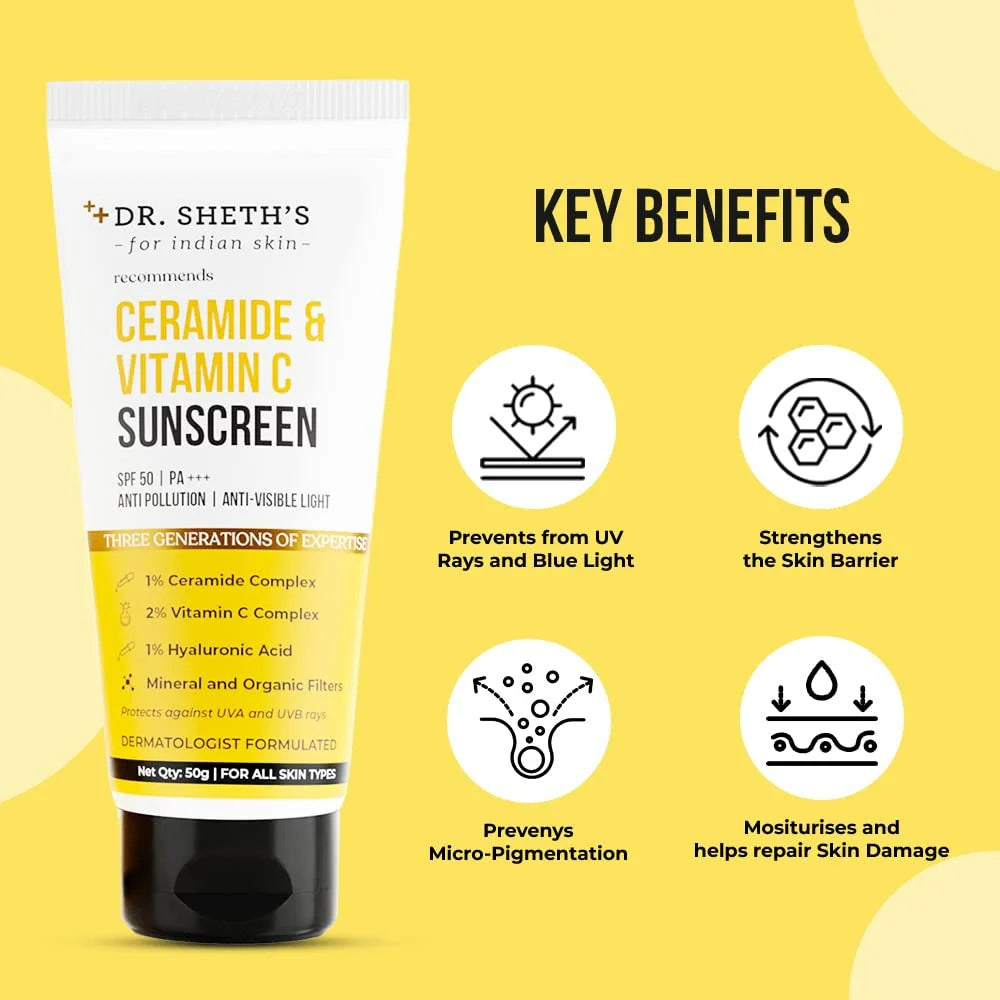 Dr. Sheth's Ceramide & Vitamin C Sunscreen SPF 50+ PA+++ UVA UVB Sun Protection, For All Skin Types