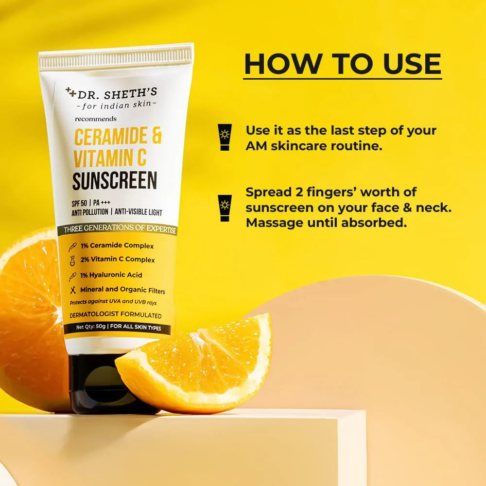 Dr. Sheth's Ceramide & Vitamin C Sunscreen SPF 50+ PA+++ UVA UVB Sun Protection, For All Skin Types