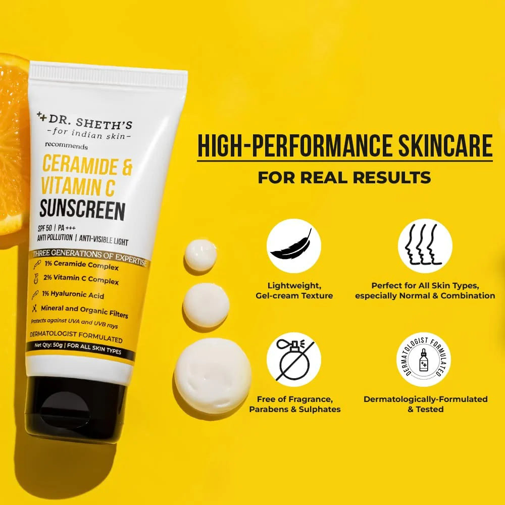 Dr. Sheth's Ceramide & Vitamin C Sunscreen SPF 50+ PA+++ UVA UVB Sun Protection, For All Skin Types