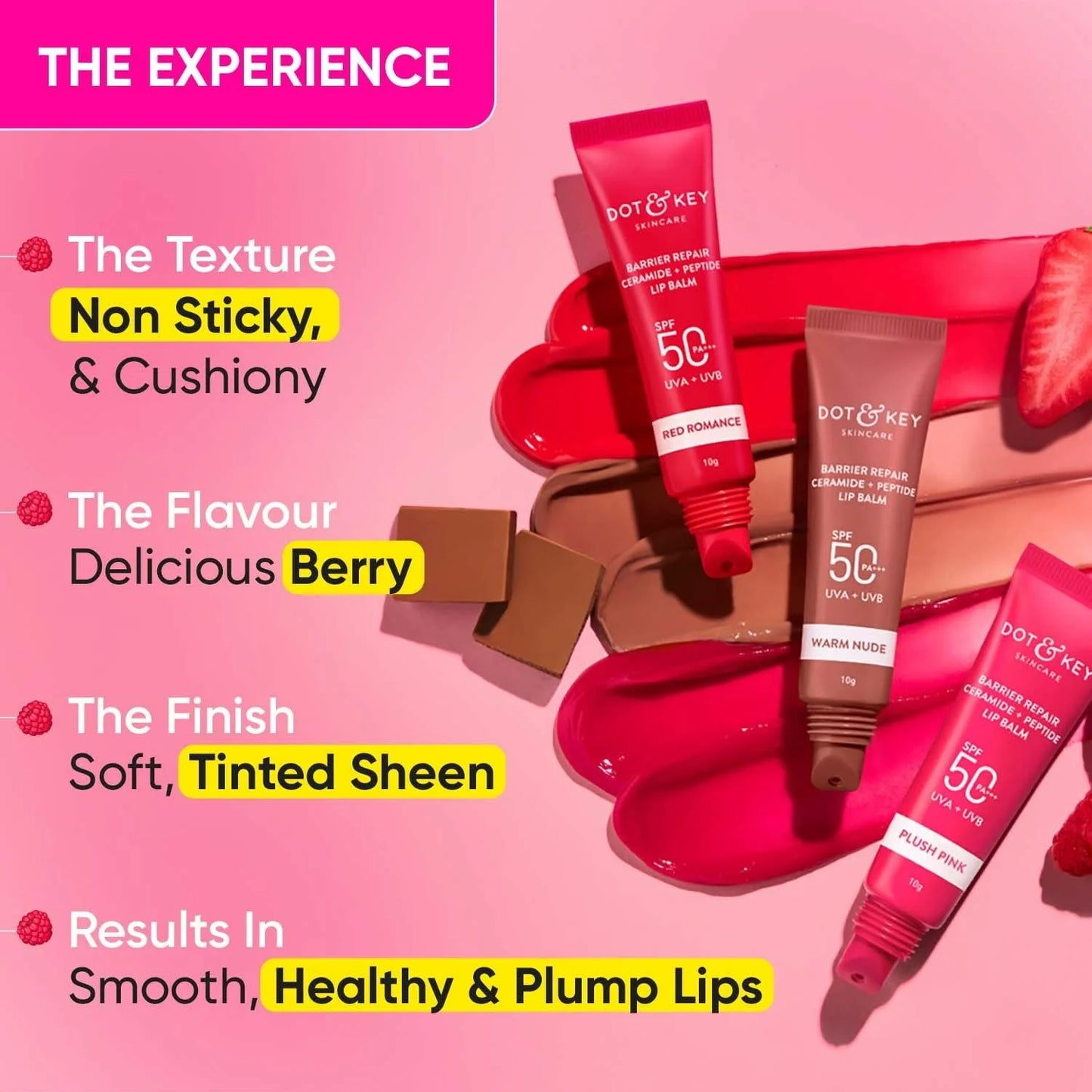 Dot & Key Barrier Repair Ceramide & Peptide SPF 50 Lip Balm - Plush Pink, UVA+UVB - 10 gm