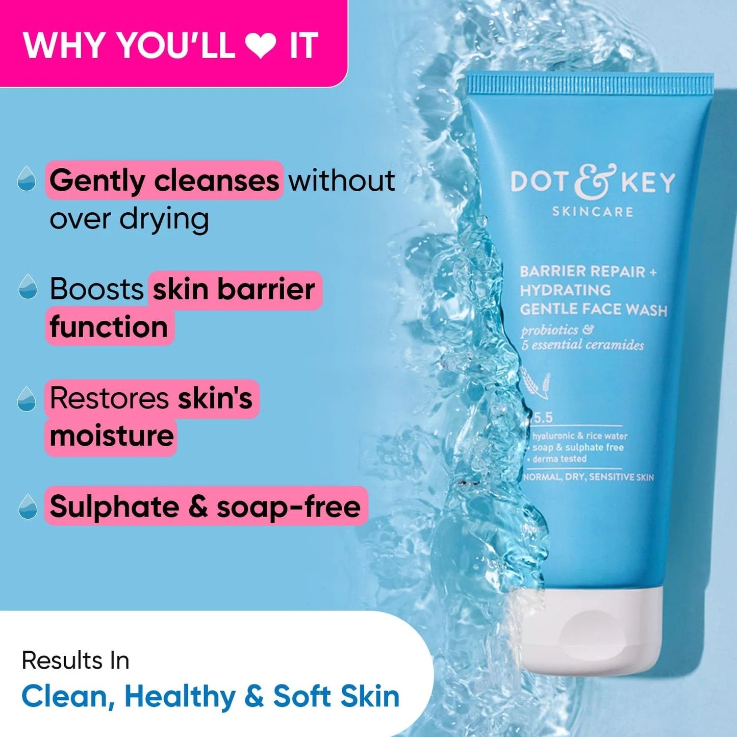 Dot & Key Barrier Repair Hydrating Gentle Face Wash For Dry, Normal & Sensitive Skin With Hyaluronic & Rice Water - 100 ml