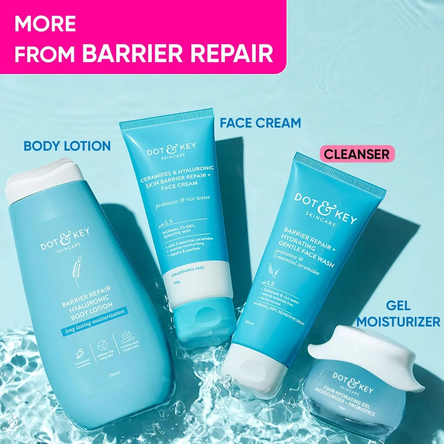 Dot & Key Barrier Repair Hydrating Gentle Face Wash For Dry, Normal & Sensitive Skin With Hyaluronic & Rice Water - 100 ml