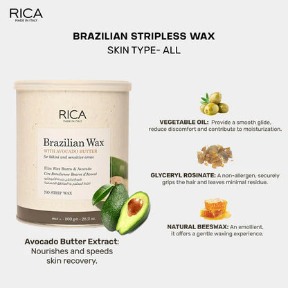 Rica Brazilian Wax with Avocado Butter, Natural & Stripless Wax - 800 ml