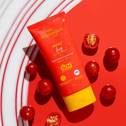 Aqualogica Detan + Dewy Sunscreen With Cherry Tomato & Hyaluronic Acid, SPF 50+ & PA++++ - 50 gm