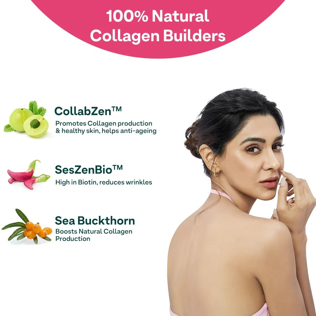 OZiva Vegan Collagen Builder with Biotin & Vitamin C For Brighter & Youthful Skin | Collagen Supplement For Women & Men | Plant Based Collagen Powder -200 gm - Berry Orange