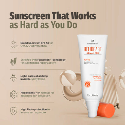 Heliocare Body Sunscreen Spray SPF 50 Broad Spectrum, New Gen Uv Filters, Dewy Finish - 200ml