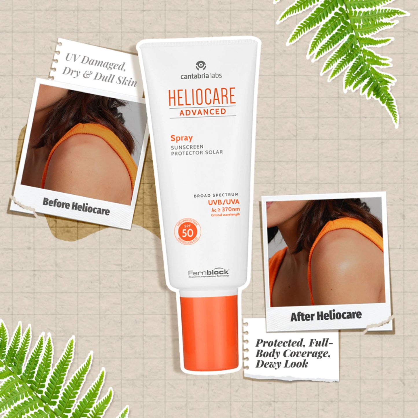 Heliocare Body Sunscreen Spray SPF 50 Broad Spectrum, New Gen Uv Filters, Dewy Finish - 200ml