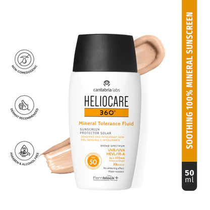 Heliocare Mineral Tolerance Fluid Sunscreen SPF 50 Pa++++ 100% Mineral, Vit C & E Sensitive Skin - 50ml