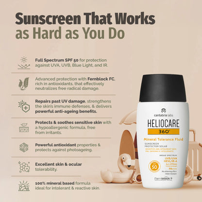 Heliocare Mineral Tolerance Fluid Sunscreen SPF 50 Pa++++ 100% Mineral, Vit C & E Sensitive Skin - 50ml