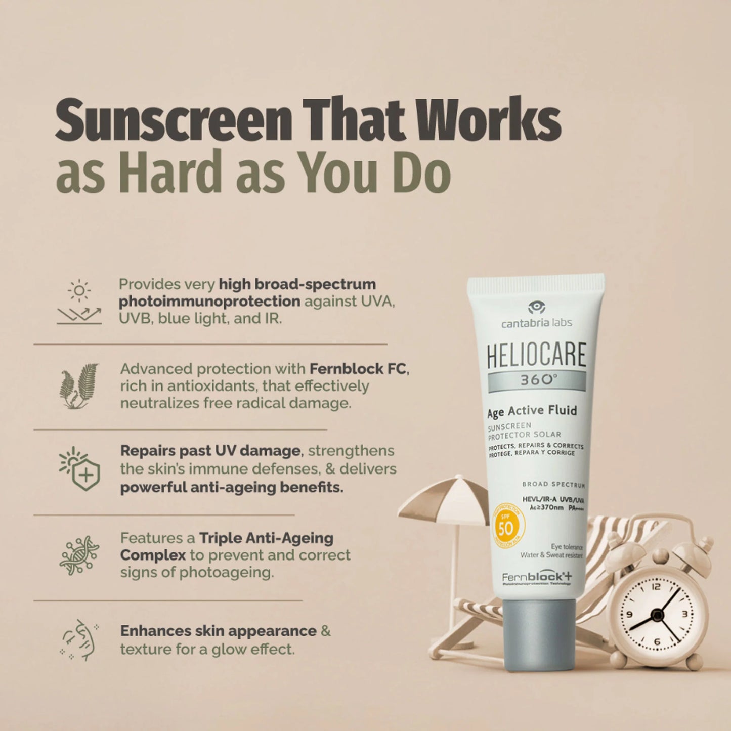 Heliocare 360 Age Active Fluid Sunscreen SPF 50 Pa++++ With Hyaluronic Acid For Youthful & Firm Skin - 50ml
