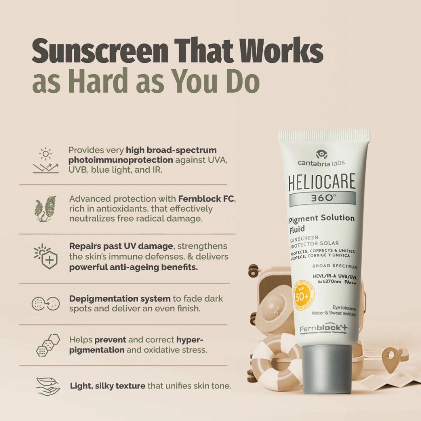 Heliocare 360 Pigment Solution Fluid Sunscreen With Niacinamide SPF 50+ Pa++++ Remove Tan & Brighten - 50ml