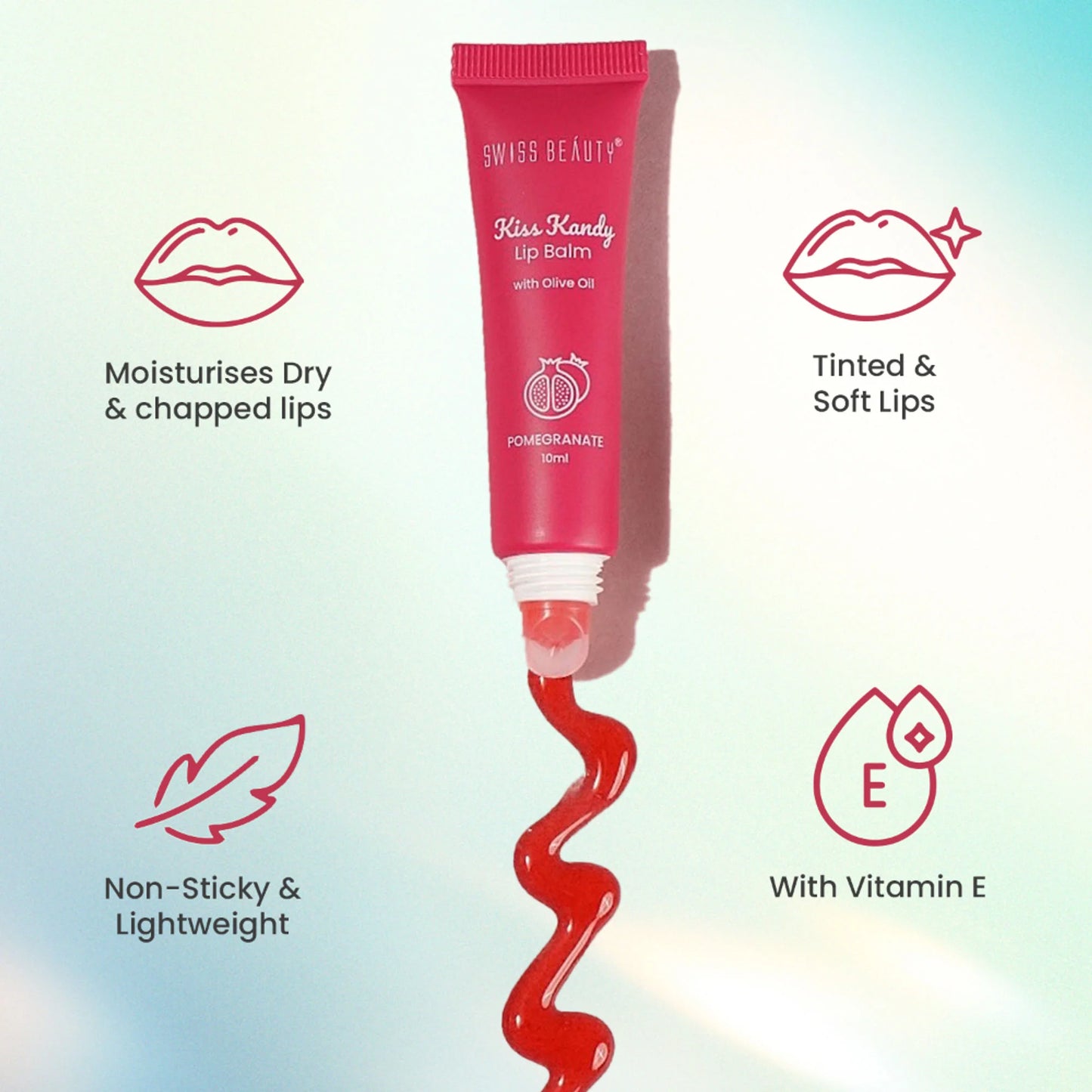 Swiss Beauty Kiss Kandy Tinted Lip Balm | Non-Sticky with Olive Oil & Vitamin E - 05 Pomegranate - 10 ml
