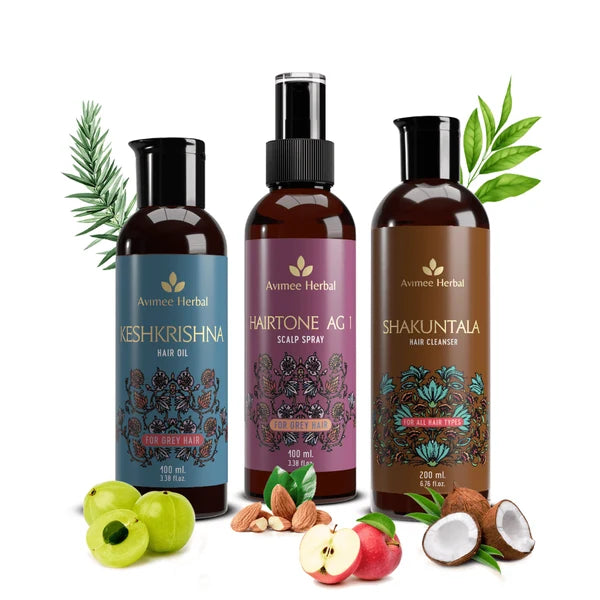 Avimee Herbal Anti Grey Kit With Shakuntala Hair Cleanser, Fights Grey Hair, With Amla, Curry Leaf and Henna Oil - kit