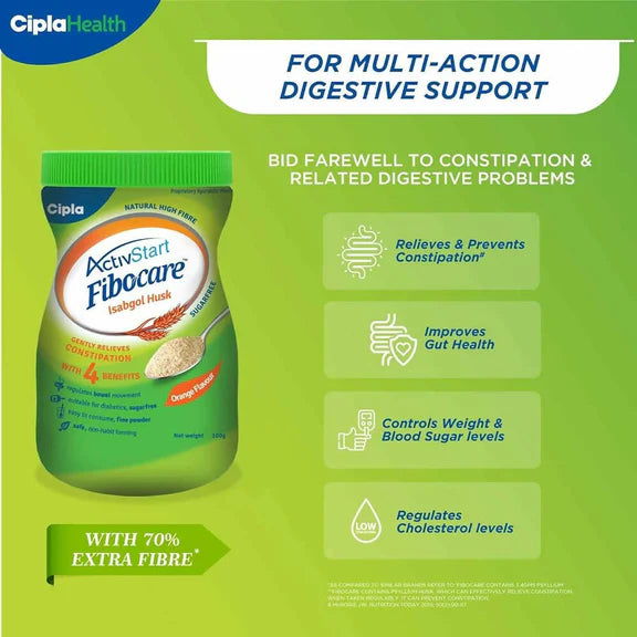Cipla Fibocare Isabgol Husk Powder | Sugar Free - Orange Flavor - 100 gm