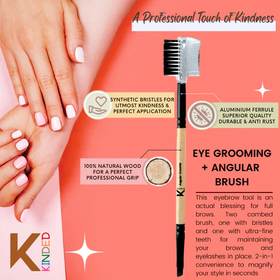 KINDED Professional Natural Wooden Handle 2 in 1 Eye Grooming Angular Makeup Brush - 20 gm