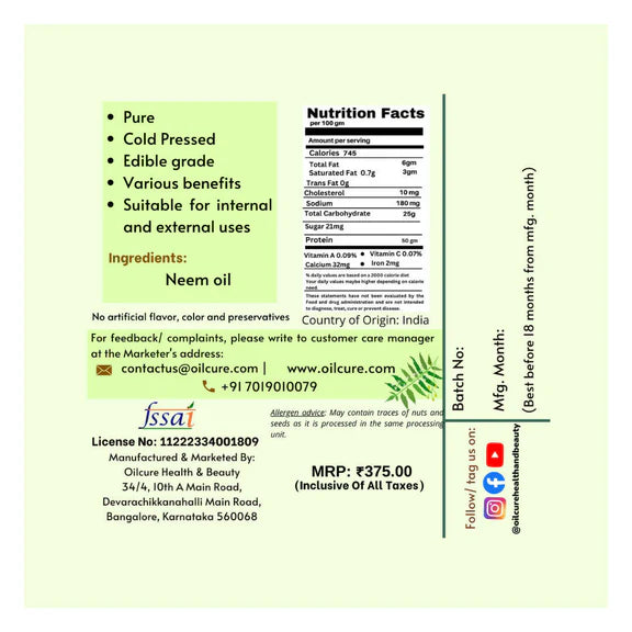 Oilcure Neem Oil Cold Pressed - 500 ml