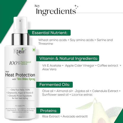 Ktein 100% Plant Based Hair Heat Protection Spray With Extra Shine Chamomile Argan And Vitamin E - 100 ml