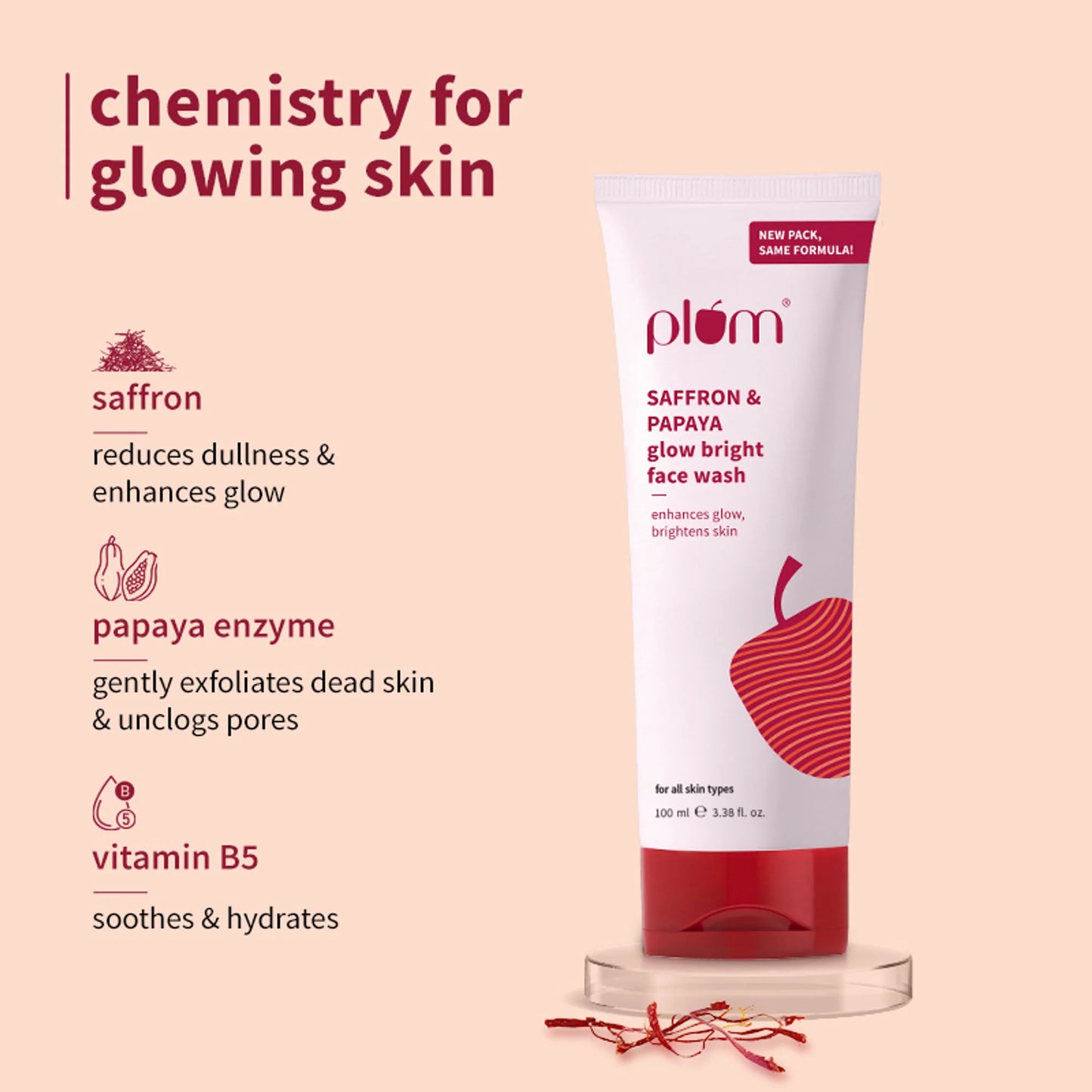 Plum Saffron & Papaya Glow Bright Gel Face Wash For Daily Use - Fights Dullness & Evens Skin Tone - 100 ml