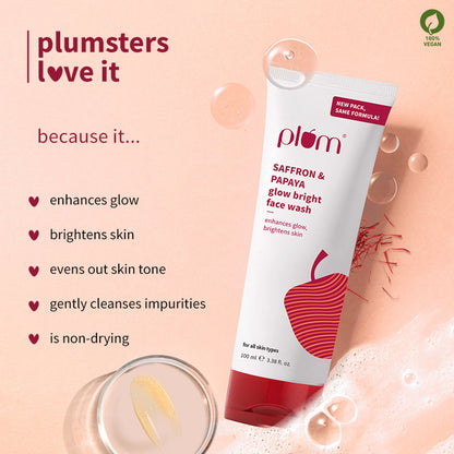 Plum Saffron & Papaya Glow Bright Gel Face Wash For Daily Use - Fights Dullness & Evens Skin Tone - 100 ml