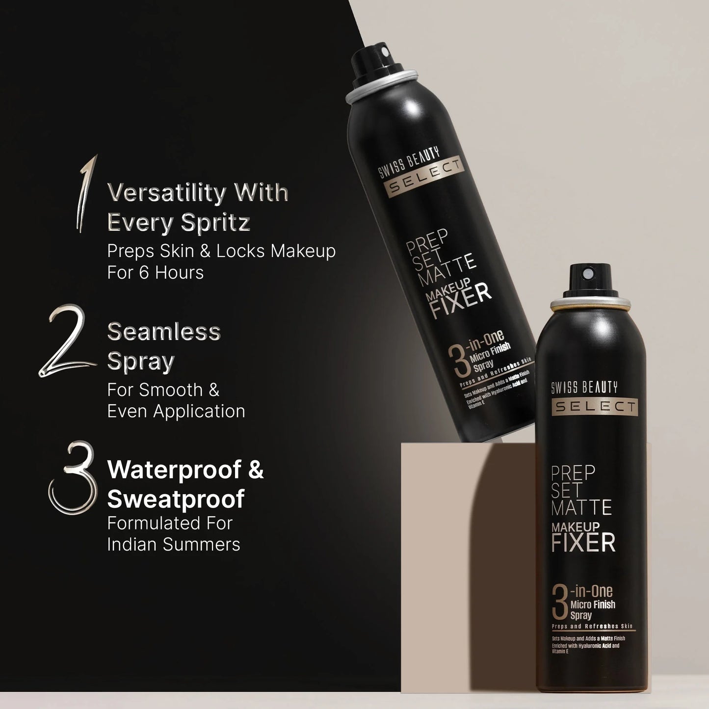 Swiss Beauty Select Prep Set Matte 3 In 1 Micro Finish Spray Enriched With Hyaluronic Acid and Vitamin E - 120 ml