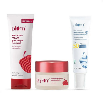 Plum CSM Combo - Saffron Face Wash Saffron Moisturizer & Niacinamide & Rice Water SPF Sunscreen - combo