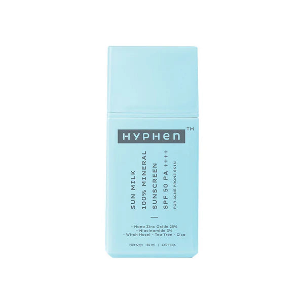 Hyphen Sun Milk 100% Mineral Sunscreen SPF 50 PA++++ 25% Nano Zinc Oxide For Acne Prone, Oily Skin - 50 ml