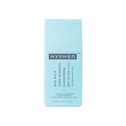 Hyphen Sun Milk 100% Mineral Sunscreen SPF 50 PA++++ 25% Nano Zinc Oxide For Acne Prone, Oily Skin - 50 ml
