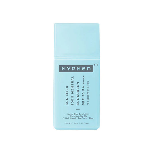 Hyphen Sun Milk 100% Mineral Sunscreen SPF 50 PA++++ 25% Nano Zinc Oxide For Acne Prone, Oily Skin - 50 ml