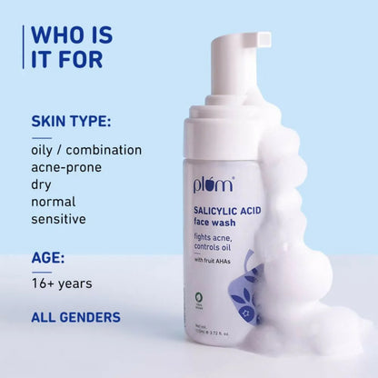Plum Salicylic Acid Foaming Face Wash - Fights Active Acne & Oil For Smooth Skin - 110 ml