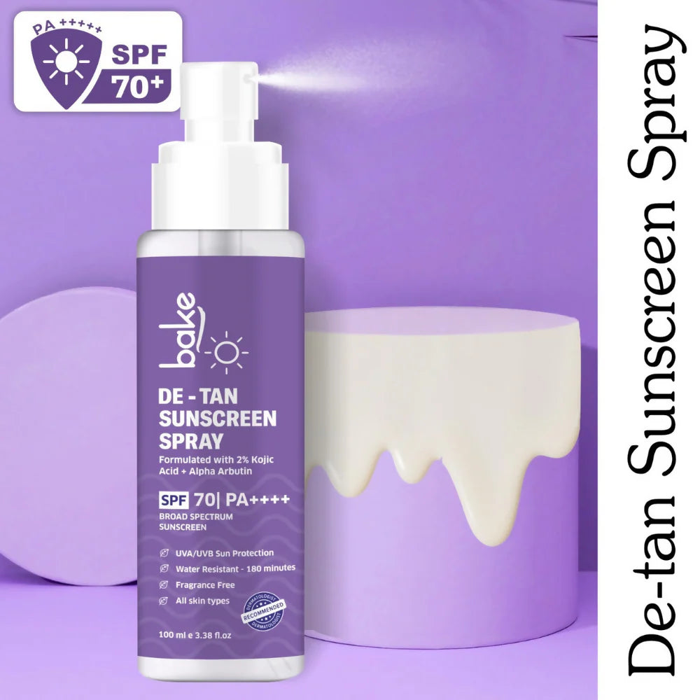 Bake De-tan Waterproof Sunscreen Spray SPF 70 PA+++ with 2% Kojic Acid - 100 ml