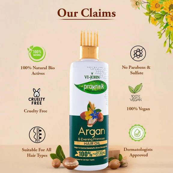VI-JOHN Prakritik Argan & Evening Primrose Hair oil, Helps to Control Dandruff,100% Bio Actives Hair Oil - 250 ml
