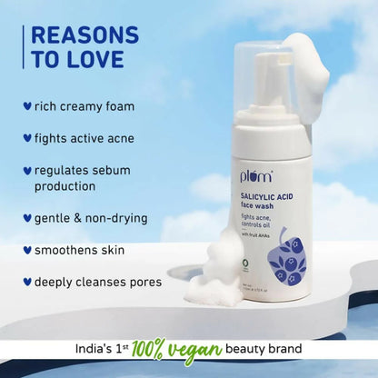 Plum Salicylic Acid Foaming Face Wash - Fights Active Acne & Oil For Smooth Skin - 110 ml