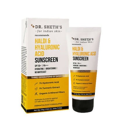Dr. Sheth's Haldi & Hyaluronic Acid Sunscreen SPF 50+ PA+++ For Hydrating & Brightening Skin, Protects against UVA/UVB & Blue light