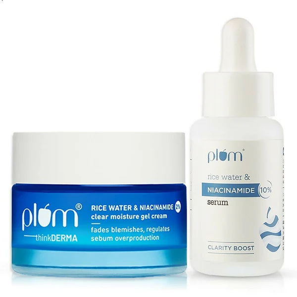 Plum Niacinamide Serum & Moisturizer Duo With Rice Water - Fades Blemishes, Hydrates & Brighten Skin - combo