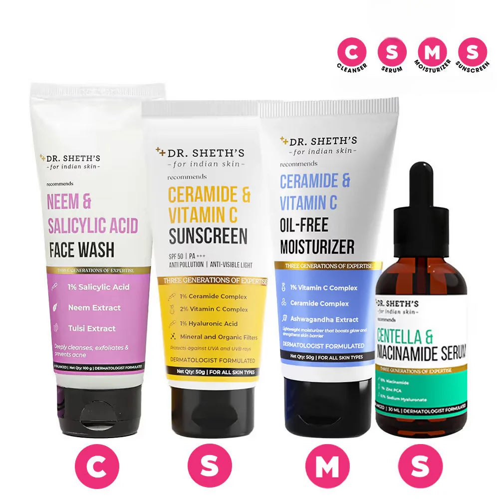 Dr. Sheth's CSMS (Cleanser, Serum, Moisturizer, Sunscreen) Bestseller Combo